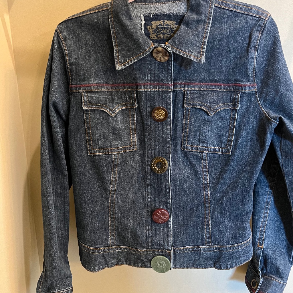 Cabi Blue Jean Jacket With Vintage Style Multicolor Buttons